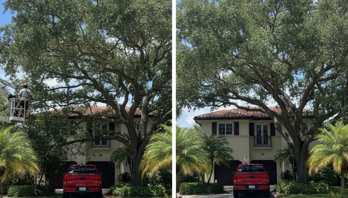 Arborist lifting tree canopy for better driveway access in Fort Lauderdale FL tree trimming service