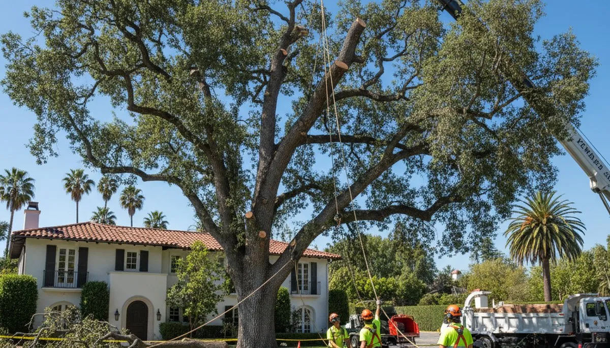 Arborists using bucket truck for large tree removal at Hollywood home near Fort Lauderdale, FL