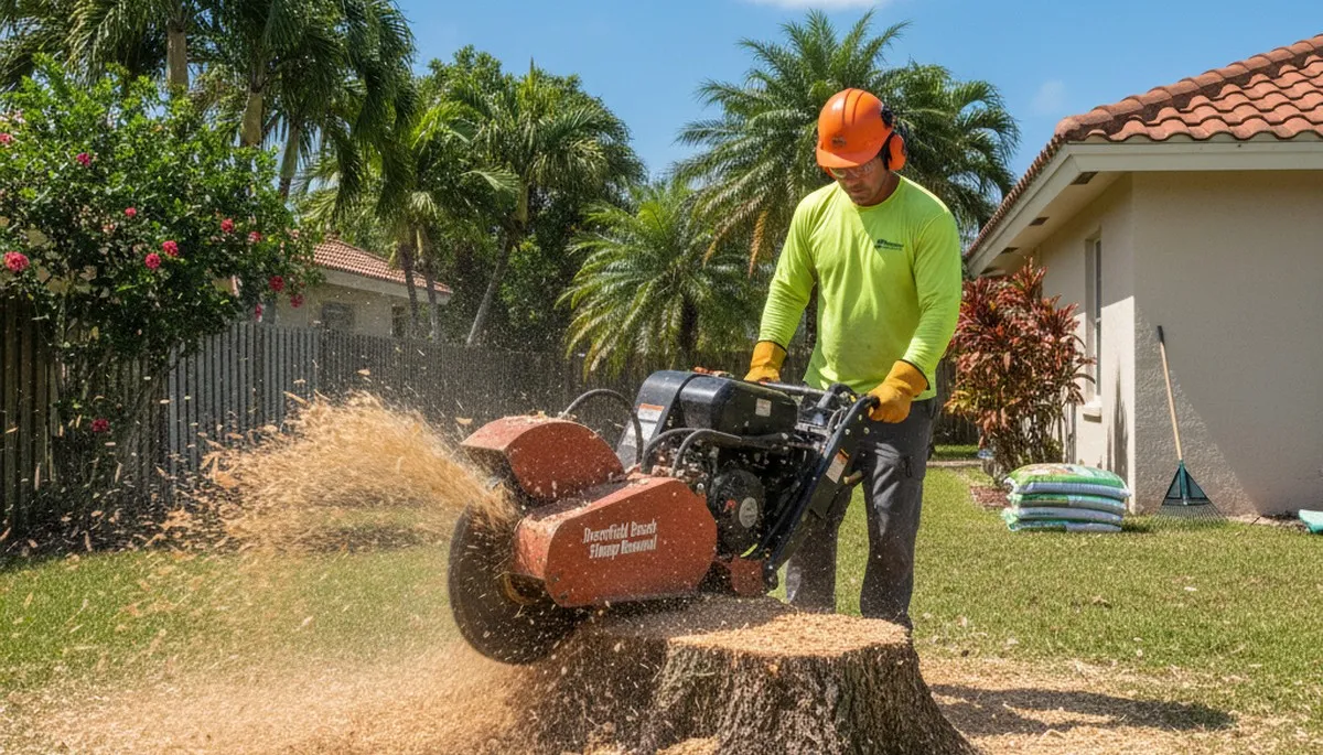 Professional stump grinding service removing tree stumps in Deerfield Beach, FL yard