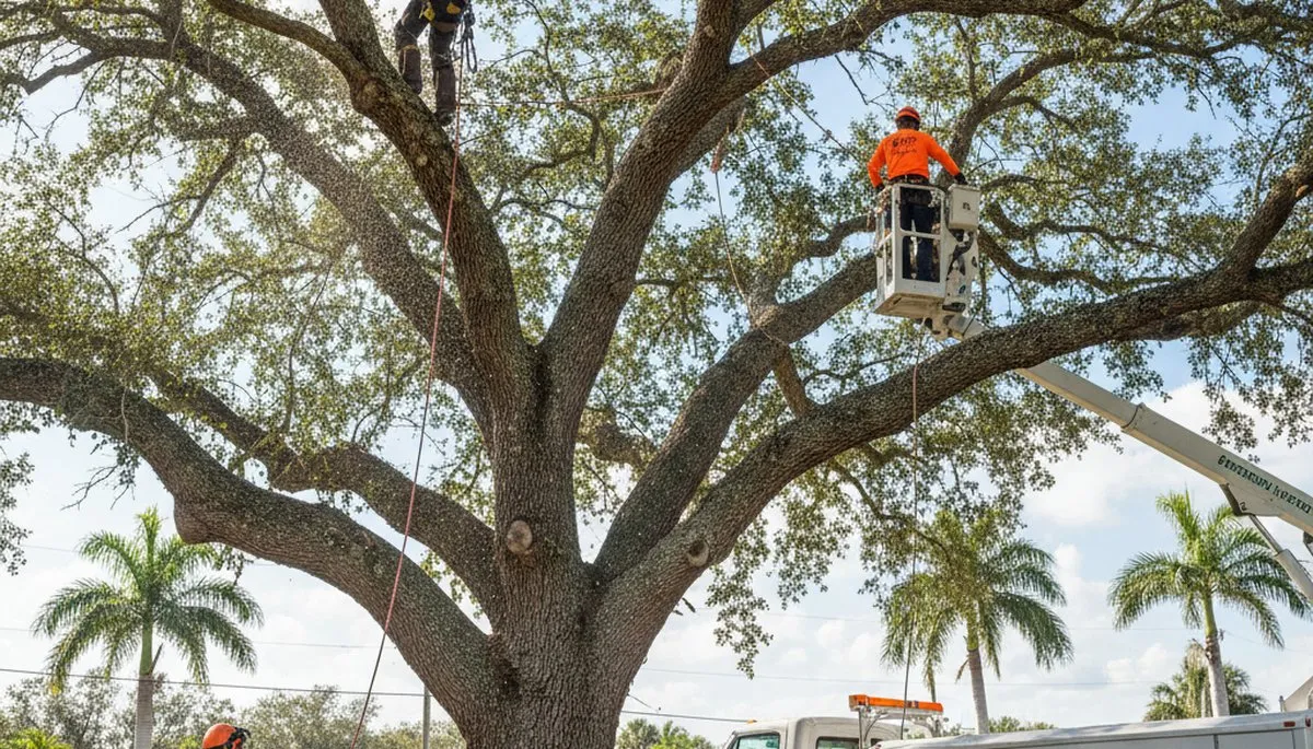 Professional tree removal service crew in Fort Lauderdale FL safely cutting large oak tree