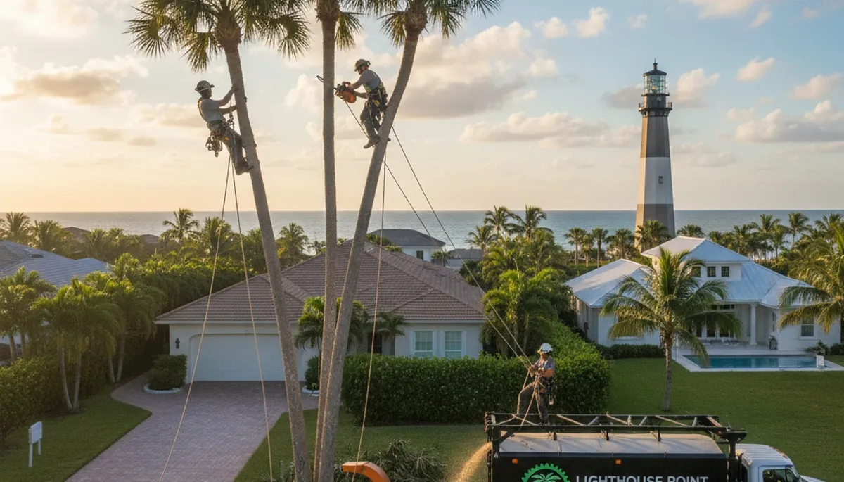 Professional tree removal service crew in Fort Lauderdale FL safely cutting large oak tree